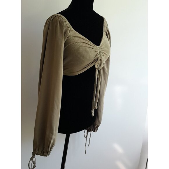 Womens Large Milkmaid Going Out Long Sleeve Cropped Gorpcore Utility Top Green - Picture 2 of 8